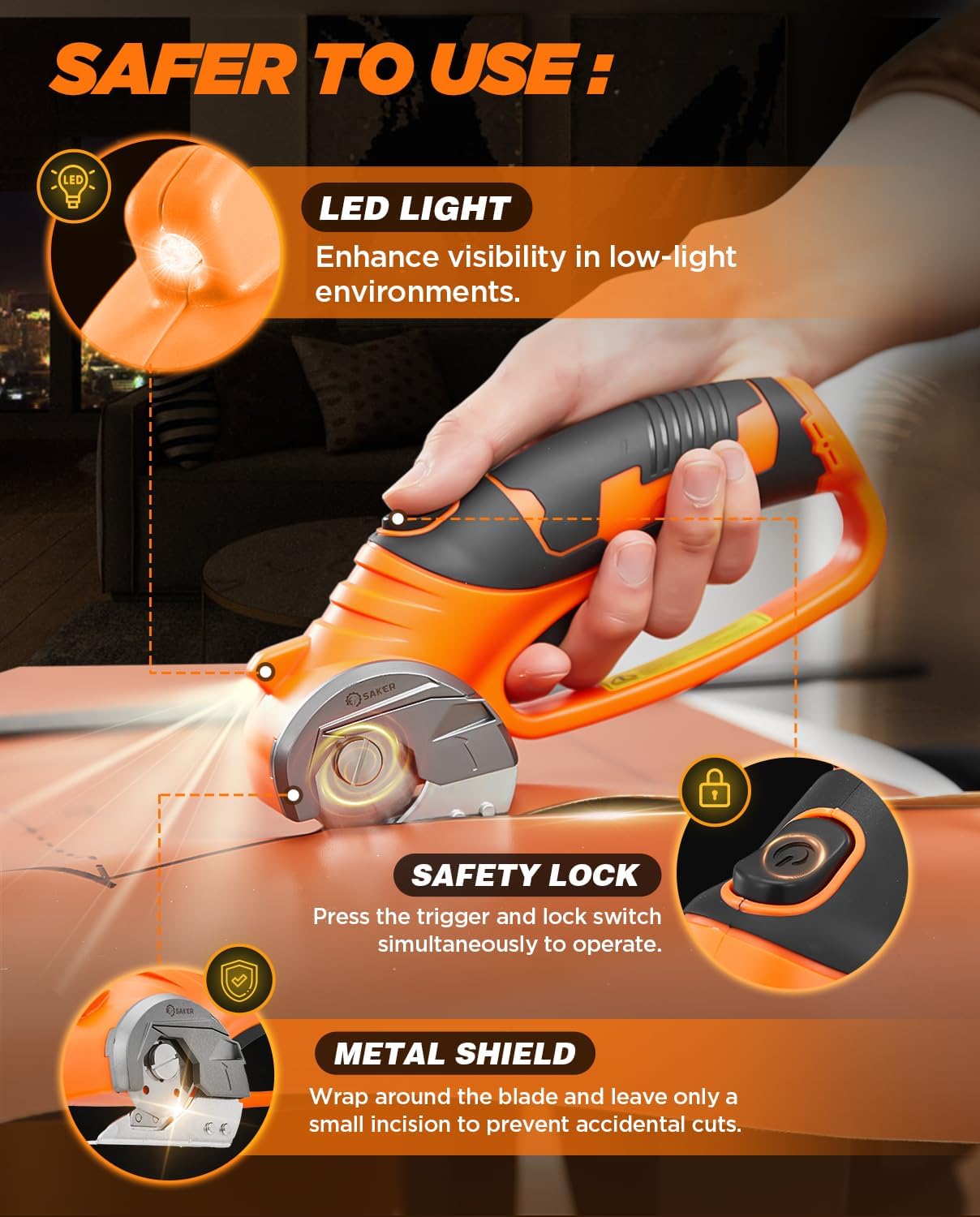 Saker Electric Box Cardboard Cutter,Cordless Elwetric Scissors for Fabric Leather Paper Plastic - Card Board Cutter Tool with 4V Recharged Battery - Safety Lock and LED Light for Cutting,Orange