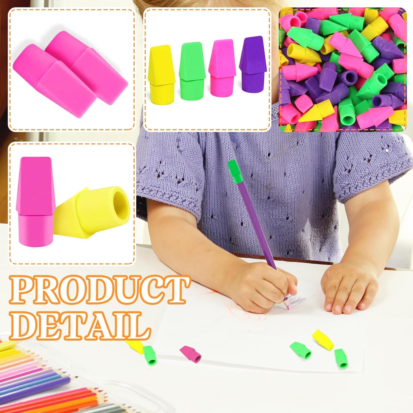PRALB 200PCS Multicolor Pencil Top Eraser Caps - Bullet Tip Erasers in Pink, Purple, Green & Yellow | Bulk Pack for School, Office, Party Favors & Classroom Rewards