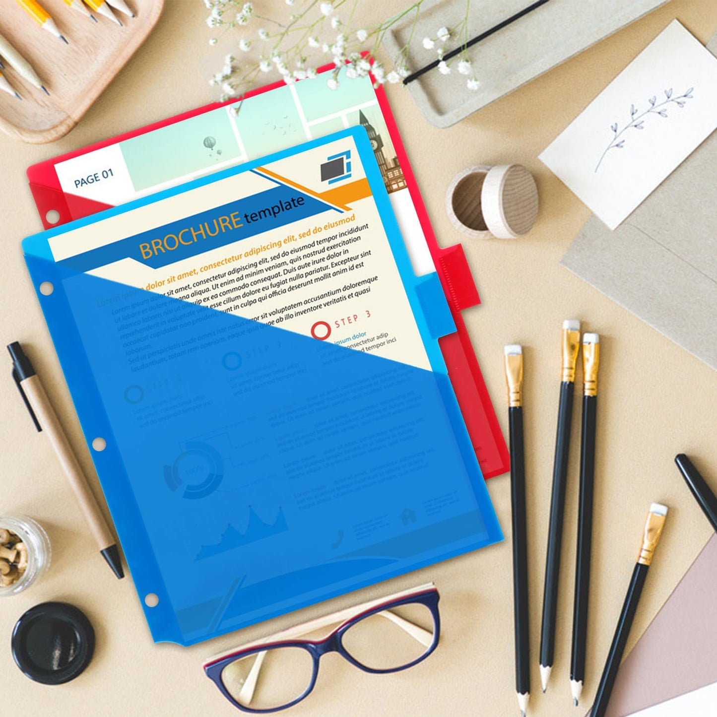 Plastic 8-Tab Dividers with Two Pockets -2 Sets, Pocket Dividers for 3-Ring Binders, Multi-Color Binder Dividers, Total 16 Tabs