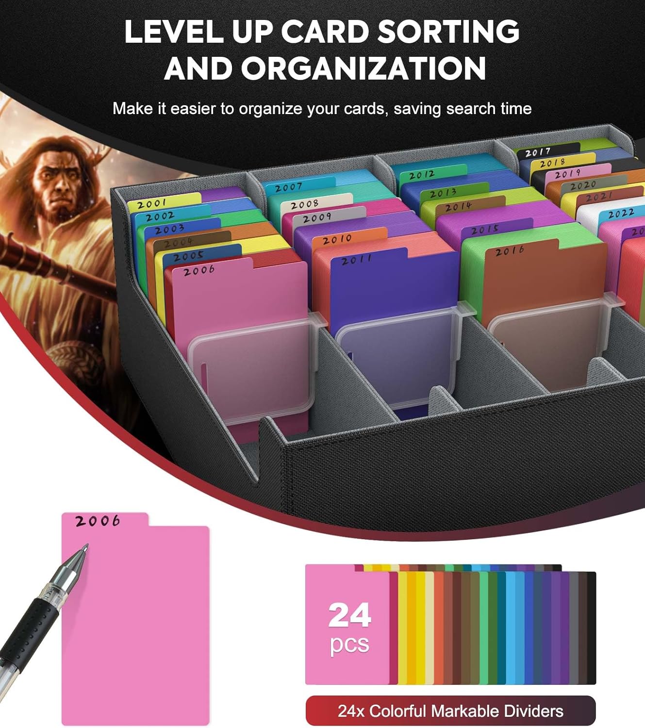 MoKo Trading Card Storage Box, 3000+ MTG Deck Box with 24 Colorful Dividers & 4 Card Supporters, Commander Card Deck Case Fits for Magic Game Cards, YugiOh, TCG, PTG and Sport Cards, Black Grey