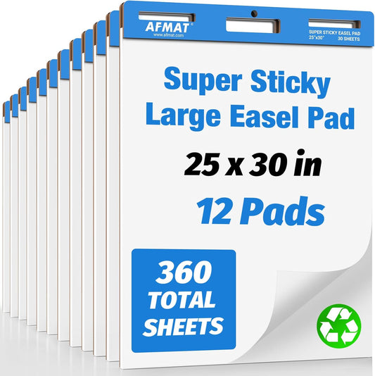 AFMAT Sticky Easel Pads, 25 in x 30 in Flip Chart Paper for Teachers, Ink Bleed-Through Resistant Easel Paper for Office/Classroom/Whiteboard/Wall/Windows, 30 Sheets/Pad, 12 Pads