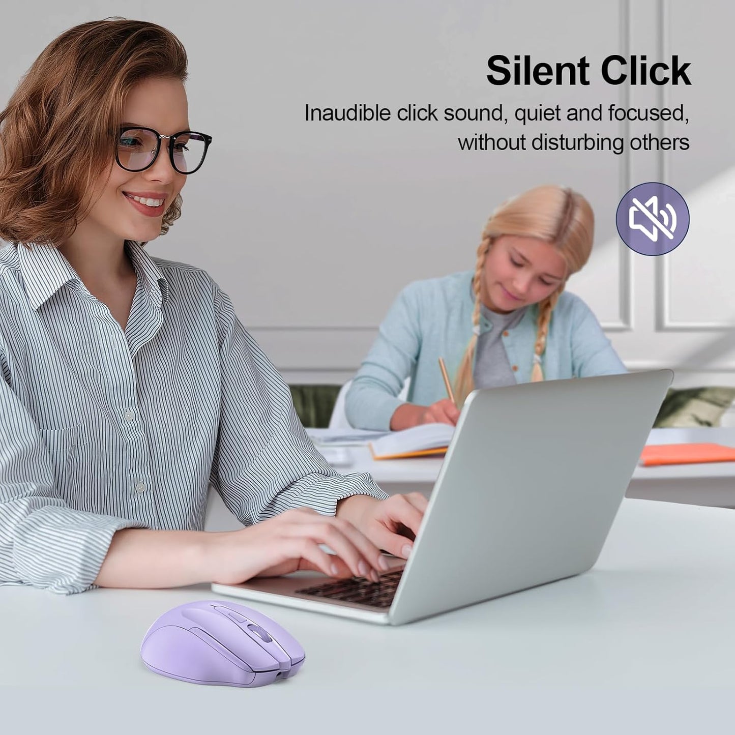 TECKNET Wireless Mouse (BT5.0/3.0 & 2.4G) Rechargeable 4800 DPI Silent USB A & Bluetooth Mouse 6 Buttons, Wide Compatibility - Lavender