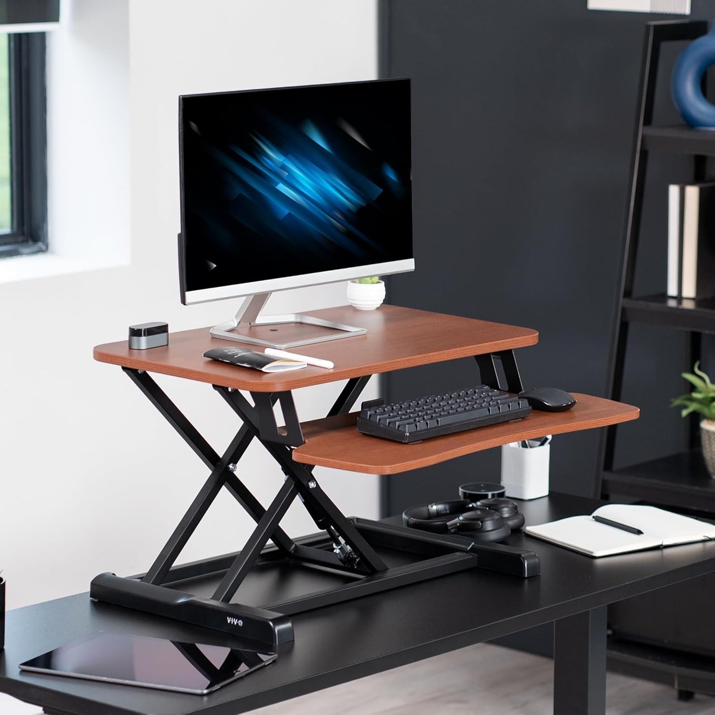VIVO 26 inch Desk Converter, K Series, Height Adjustable Sit to Stand Riser, Dual Monitor and Laptop Workstation with Keyboard Tray, Dark Walnut Top, Black Frame, DESK-V026KA