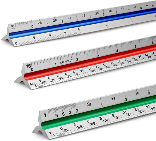 12" Architectural Scale Ruler Aluminum Architect Scale Triangular Scale Ruler for Architects, Draftsman, Students and Engineers, Color-Coded (1 Pack)
