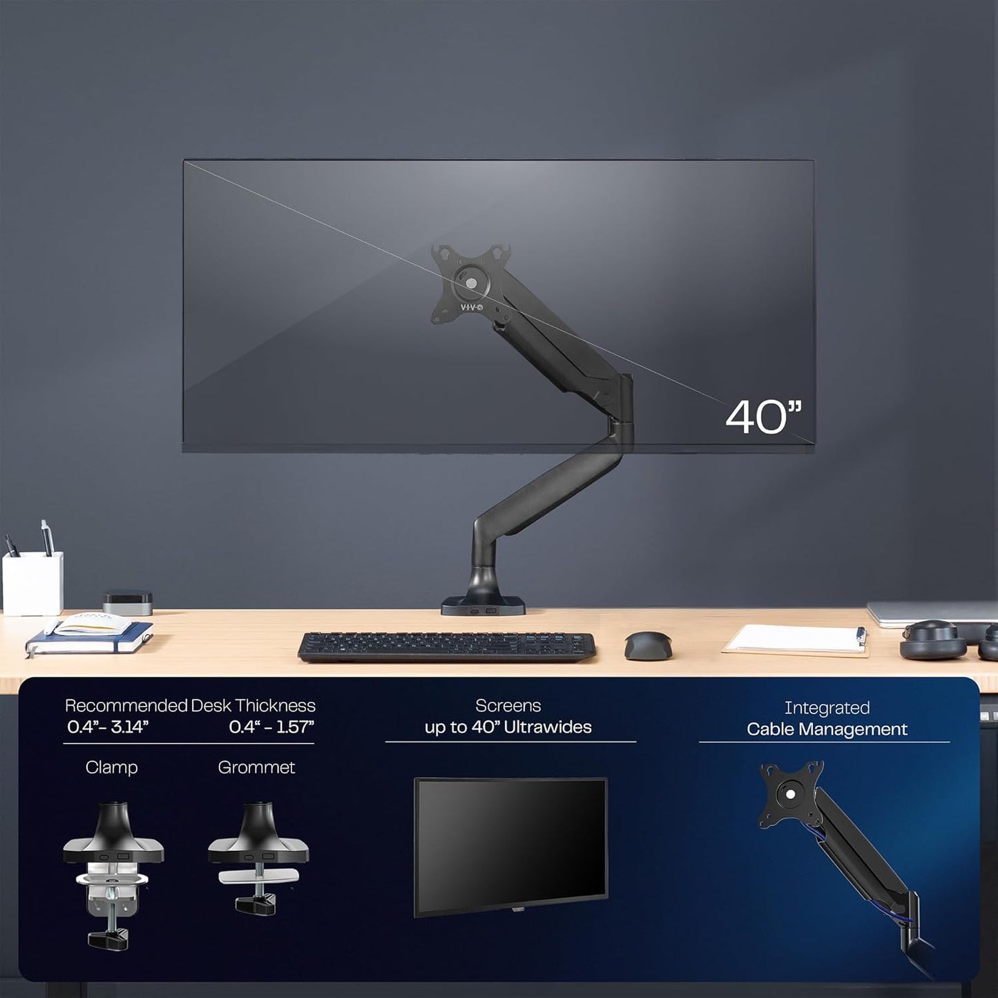 VIVO Premium Aluminum Heavy Duty Single Monitor Arm for Ultrawide Monitor up to 40 inches and 30 lbs, Desk Mount Stand, Pneumatic Height, Max VESA 100x100, Black, STAND-V110Q