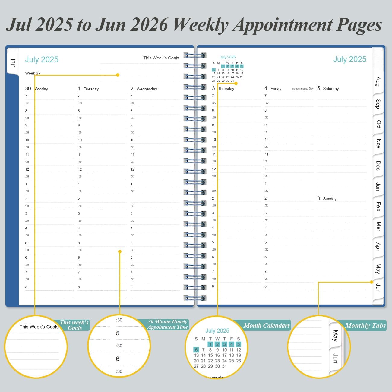 2025-2026 Appointment Book & Planner - A5 Daily Hourly Planner from July 2025 - June 2026, Weekly Appointment Book with 30-Minute Interval, Medium 6.4" x 8.5", Blue