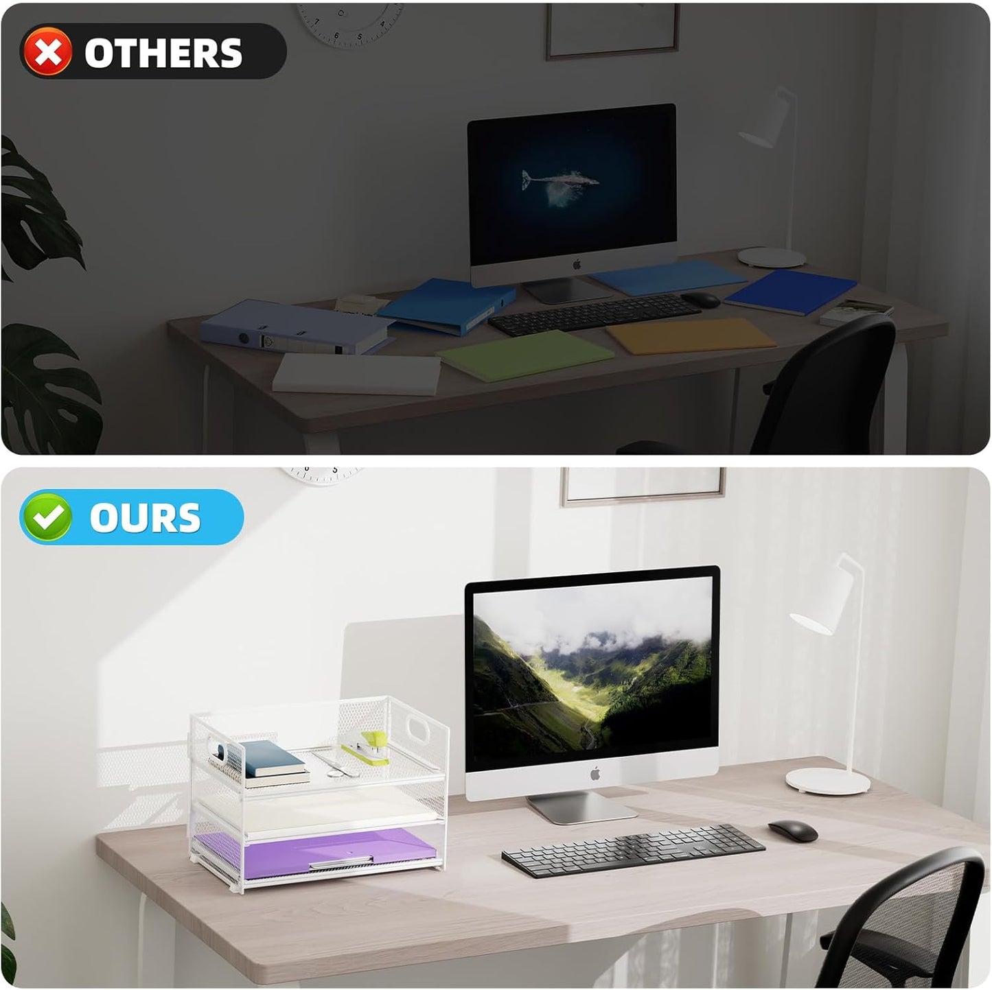 Marbrasse 3 Tier Paper Organizer Letter Tray, Mesh File Organizer with Handle, Paper Sorter Desk Organizer for Home Office Supplies - 2p Pink