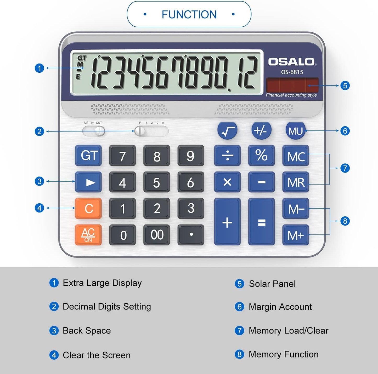Desktop Calculator Extra Large 5in LCD Display 12-Digit Big Button Giant Accounting Calculator, Battery & Solar Powered, for Office Business & Home(OS-6815)