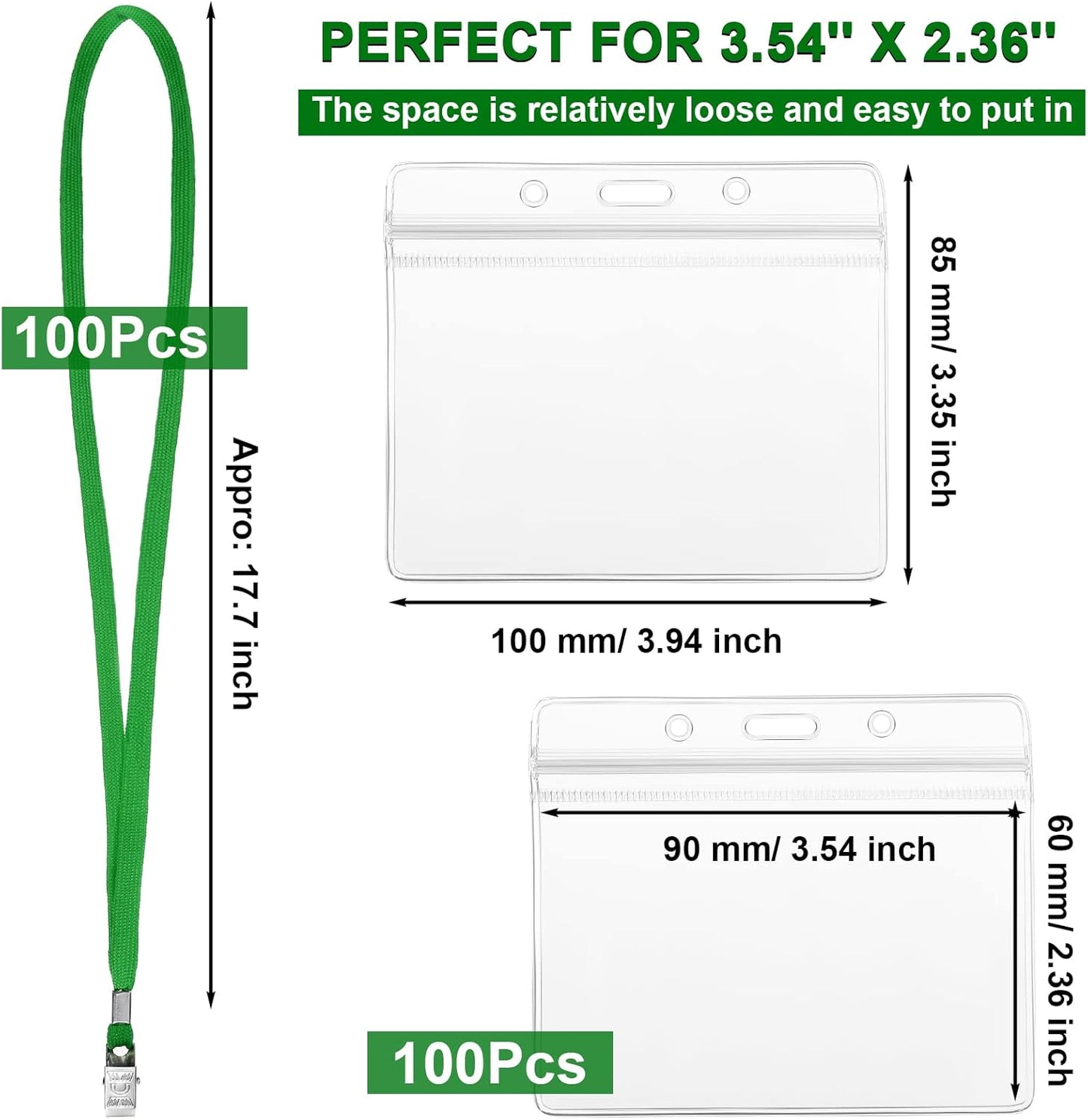 Marspark 100 Sets Clear Name Tags with Lanyard, Lanyards for ID Badges Reusable Strap with ID Holder Plastic Name Badges for Adults Business School Church Conference (Dark Green)
