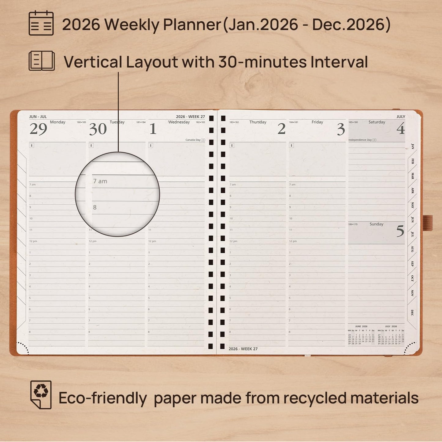 POPRUN 2026 Planner - 2026 Recycled Weekly Planner [Italian Regenrated Leather - Medium Size 8.5'' x 10.5''] - 2026 Weekly Planner with Hourly Schedule, Monthly Tabs-26-WERK7-BGY - Black Grey