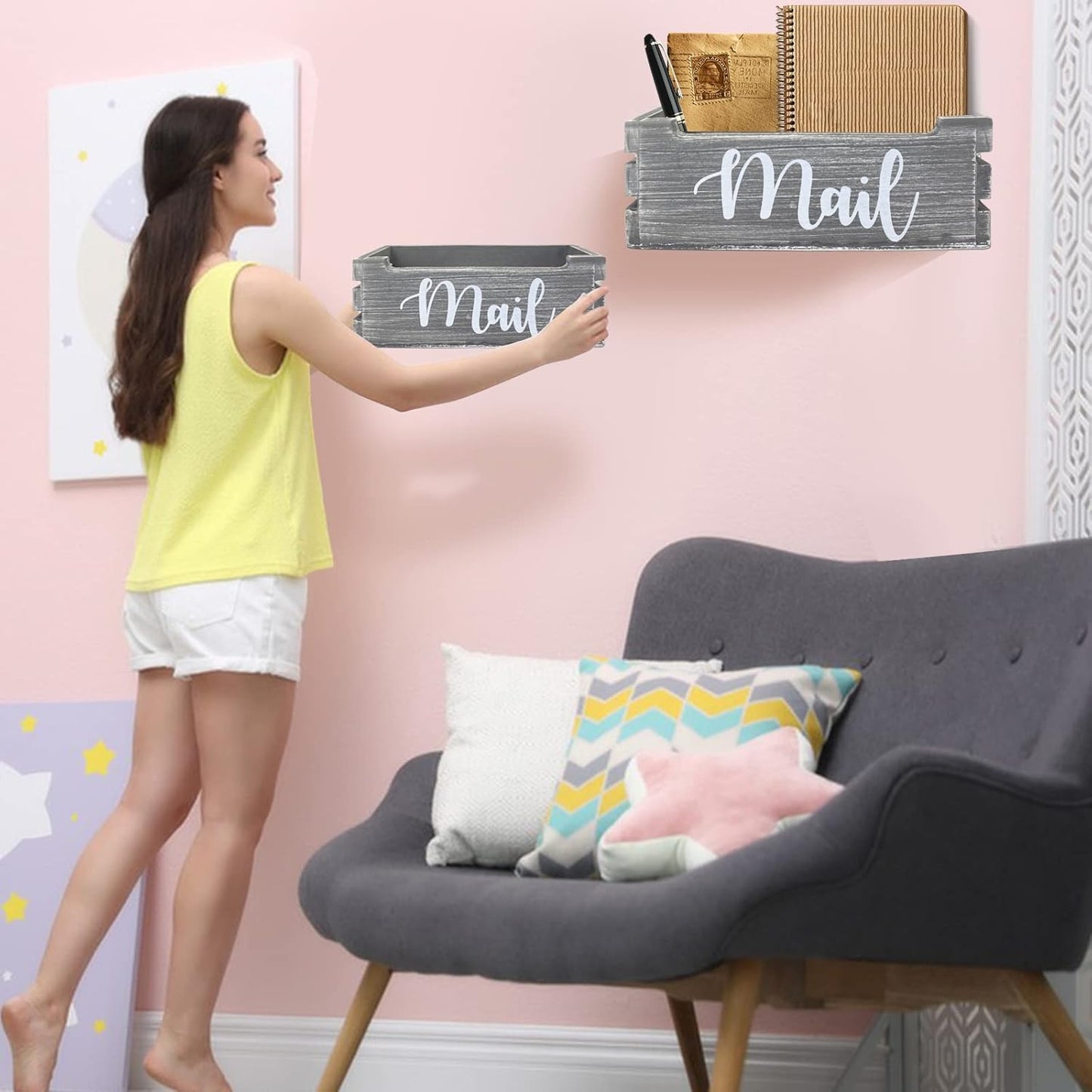 Mail Organizer Mail Holder Countertop, Wood Mail Basket for Wall Table Desk, Envelope Bill Holder for Home Office Decor (Grey)