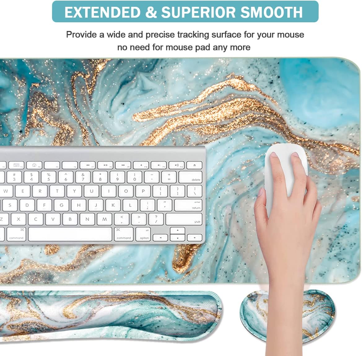 Keyboard Mouse Pad Set, Extended Mouse Pad+Keyboard Wrist Rest Support, Memory Foam Ergonomic Easy Typing, 3Pcs (35.4×15.7 in) Desk Pad Set for Home Office Study Game-Green Marble