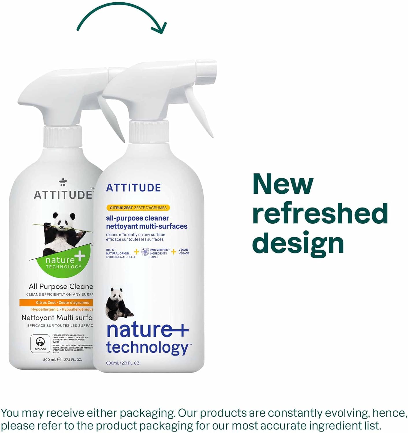 ATTITUDE All Purpose Cleaner Spray, EWG Verified, Vegan, Made with 94% Plant-Based Ingredients, Streak-Free for Kitchen, Bathroom, Glass & More, Citrus Zest Scent, 27.1 Fl Oz