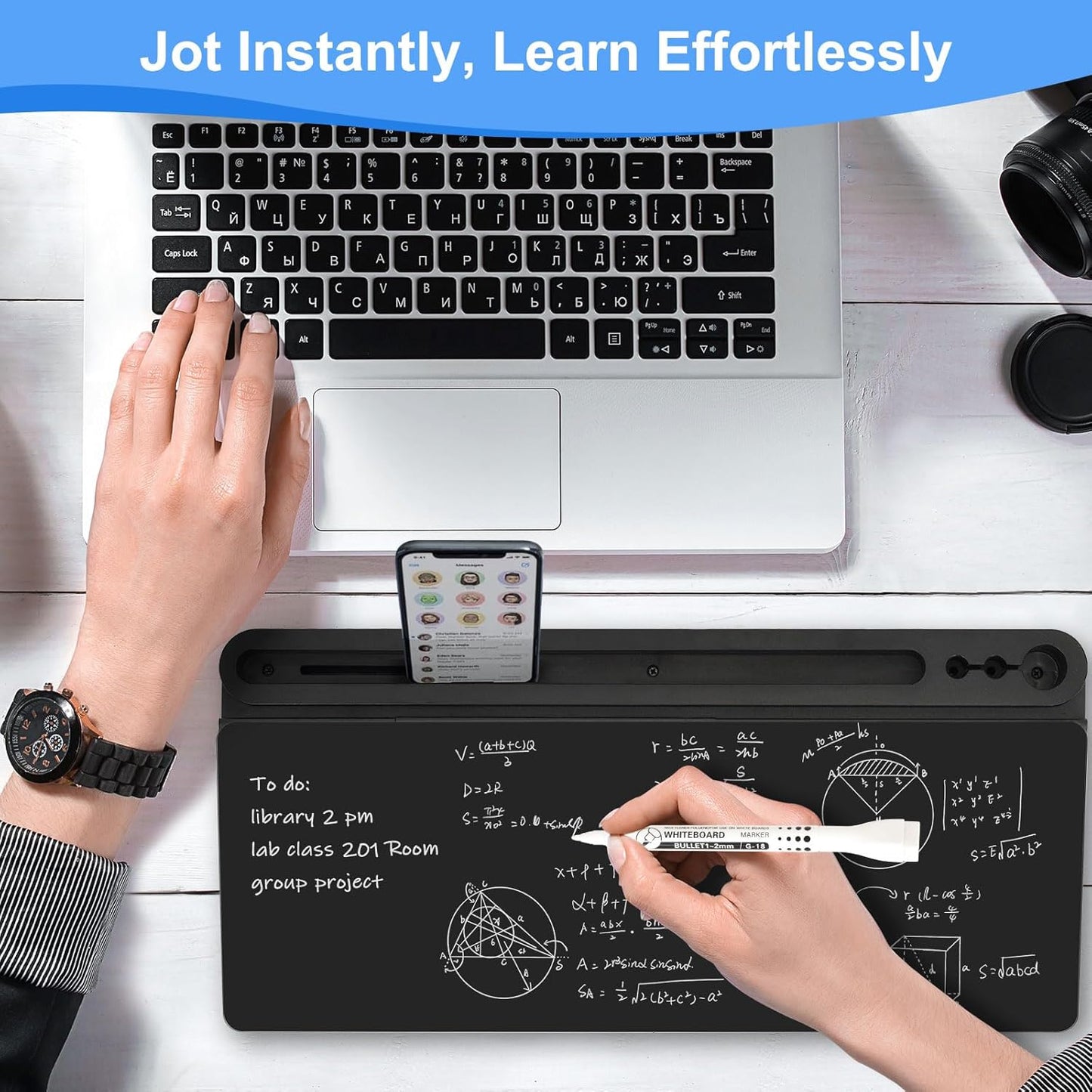 Desktop Glass Whiteboard with Storage, Desk Board with Computer Keyboard Stand, White Dry Erase Board with Drawers for Home, School, Office Desk Organizers and Accessories - Black