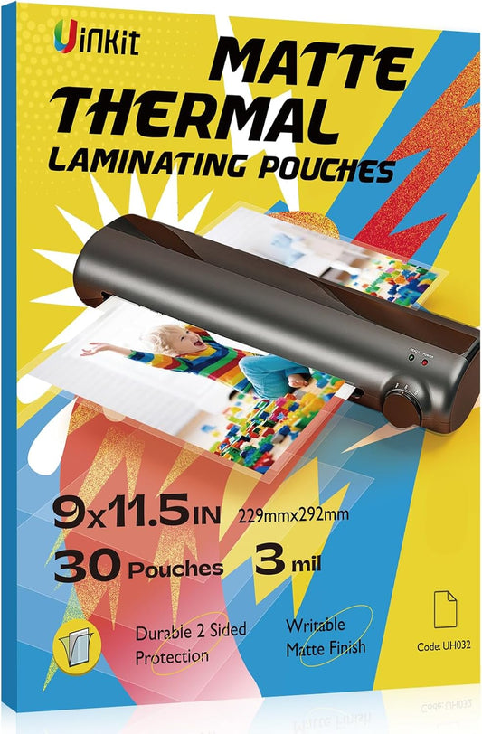 Uinkit Matte Thermal Laminating Sheets, 9 x 11.5 Inches 3 Mil Clear Anti-Glare with Matte Finish 30 Pack Fitted for Letter Size Laminating Pouches 8.5 x 11 inches