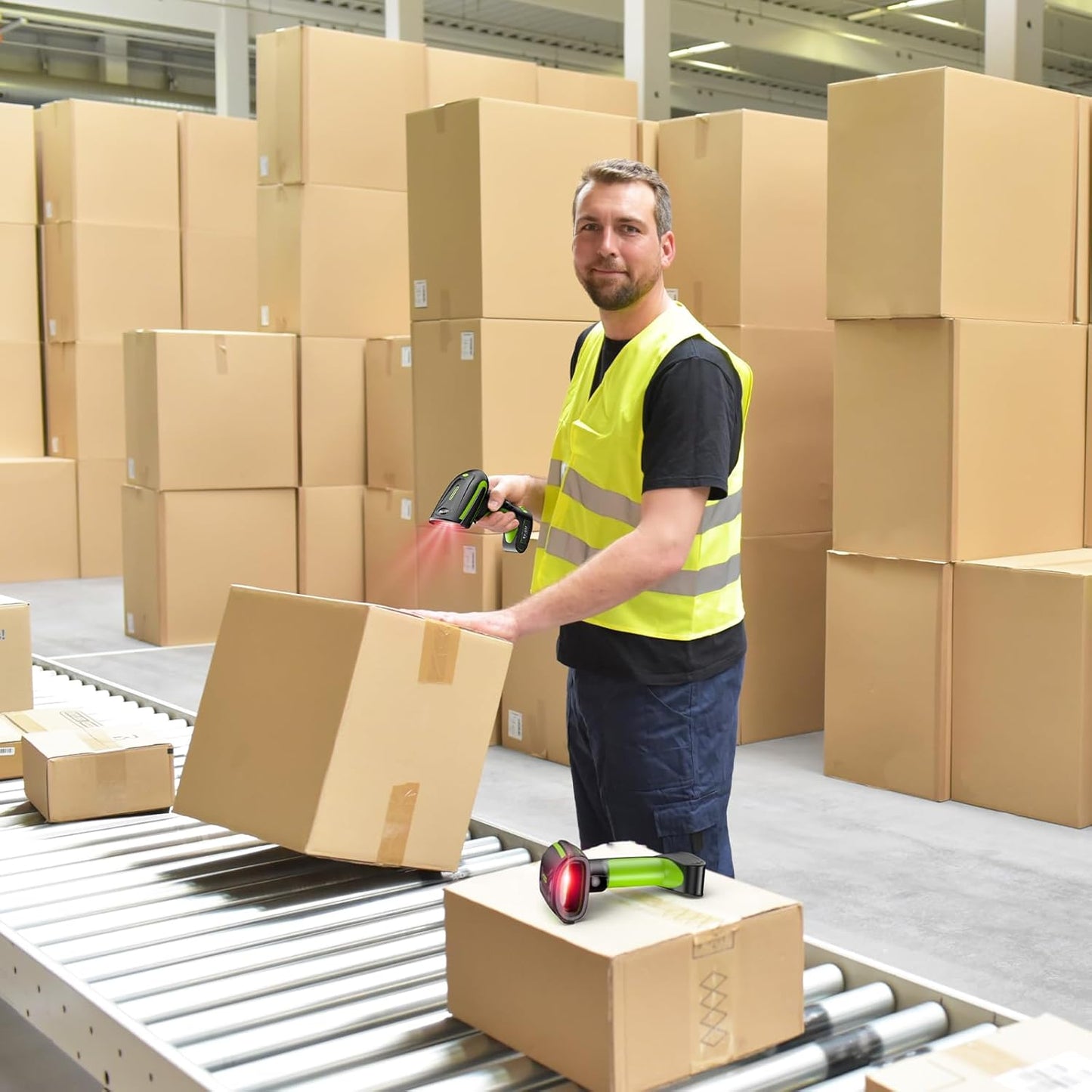 Eyoyo 2D QR Industrial Barcode Scanner with Wireless Charging Stand, Rugged Heavy Duty & IP65 Waterproof 3-in-1 Bluetooth & Wireless & USB Hands-Free Barcode Reader for Laptop Desktop Tablet Android