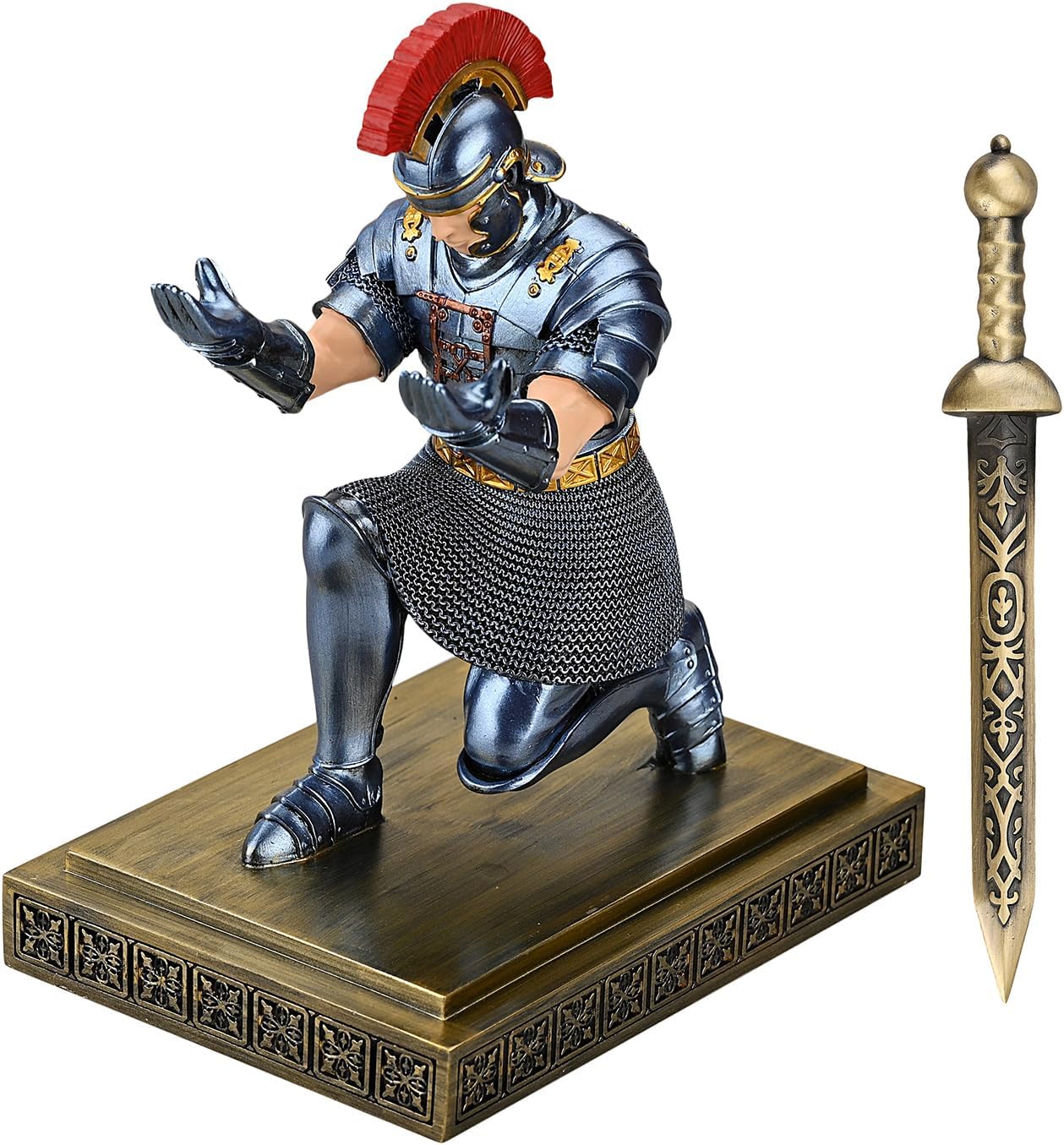 Roman Praetorian Warrior Knight Pen Holder Desk Ornament Resin Pencil Holder Desk Accessories and Organizer for Office with a Letter Opener (Blue)