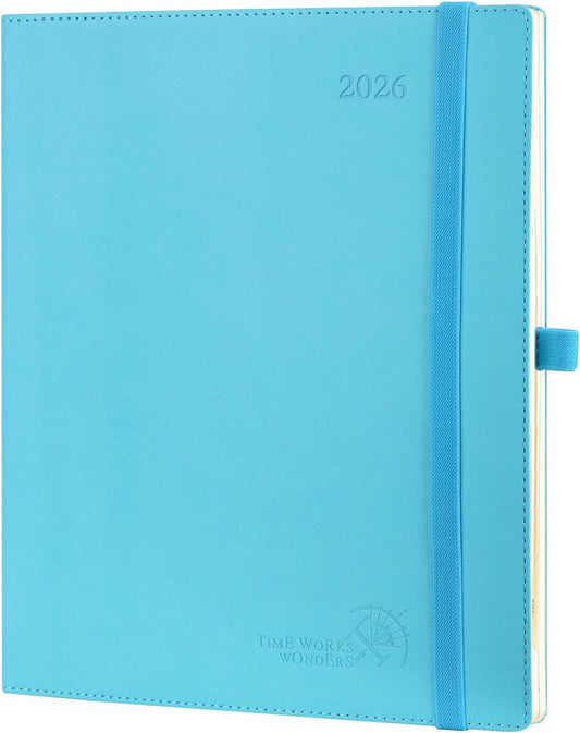 POPRUN 2026 Planner (Large - 8.5'' x 10.5'') - 2026 Weekly Calendar (Jan. 2026 - Dec. 2026) with Hourly Time Slots, Weekly/Monthly Appointment Book for Time Management - Leather Soft Cover - Blue Green