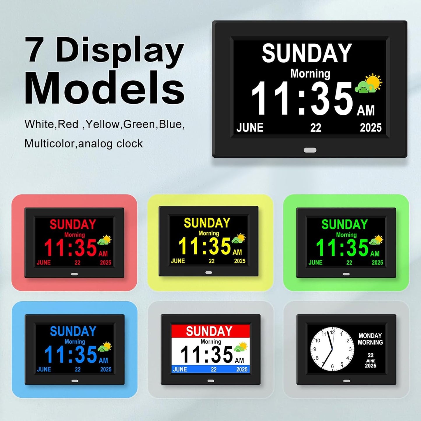 Digital Alarm Clock for Elderly Large Display Date Day of Week for Seniors Electric Digital Clocks 12 Alarms 4 Colors Desk Calendar Clocks for Memory Loss Alzheimers Clock Auto DST/Dimmer