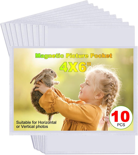 10PCS White Magnetic Picture Frames For 4 x 6'' Photos,Magnetic Pocket Picture Frames,Photo Magnets Sleeves,Suitable Home,Office,School & Refrigerator&Cabinet Locker