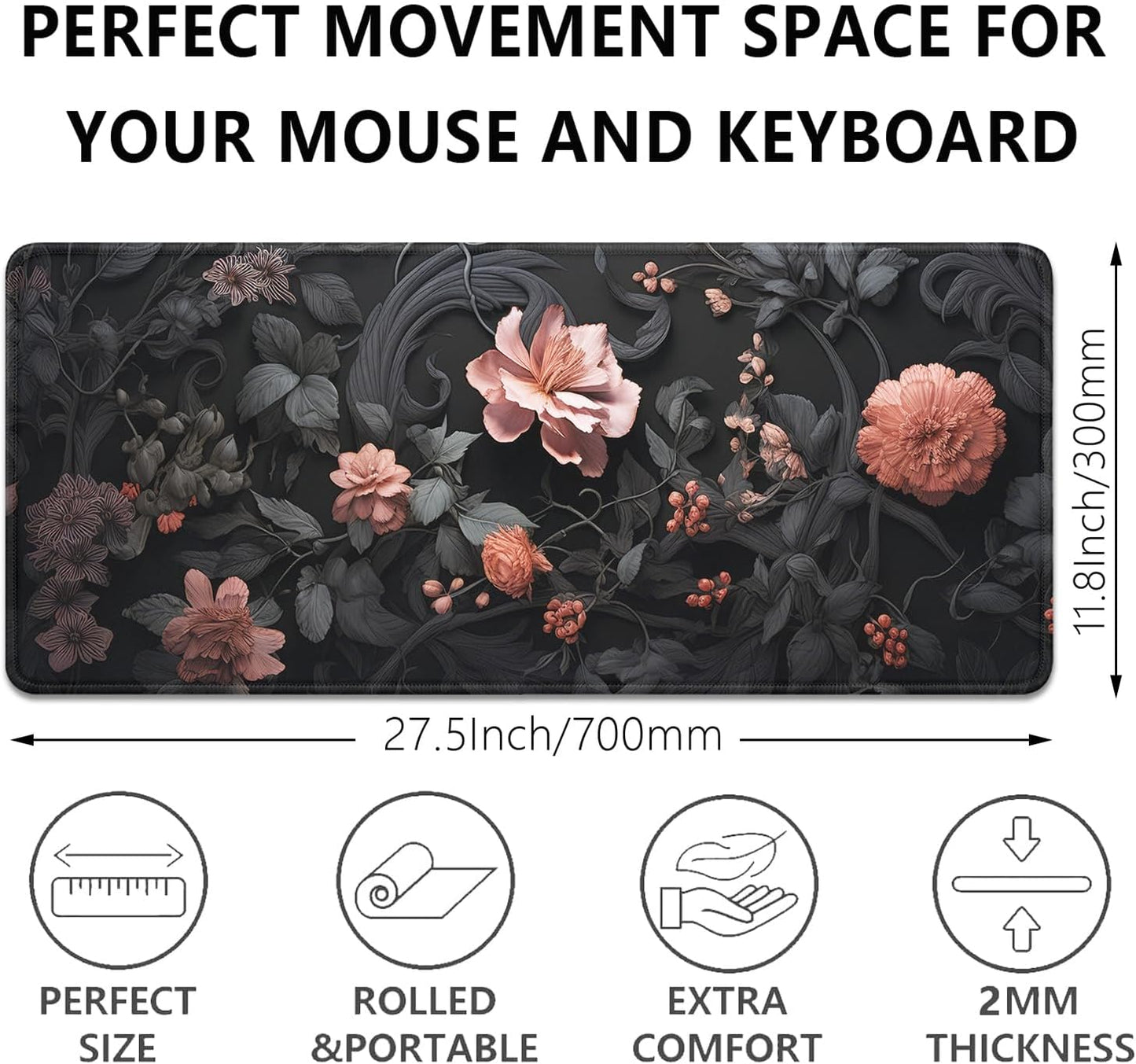 Black Art Flowers Mouse Pad,Large Vintage Floral Mousepad Desk Pad with Stitched Edges,Non-Slip Waterproof Rubber Base Mouse Mat for Office Computer Keyboard Laptop Home(27.5x11.8 in)