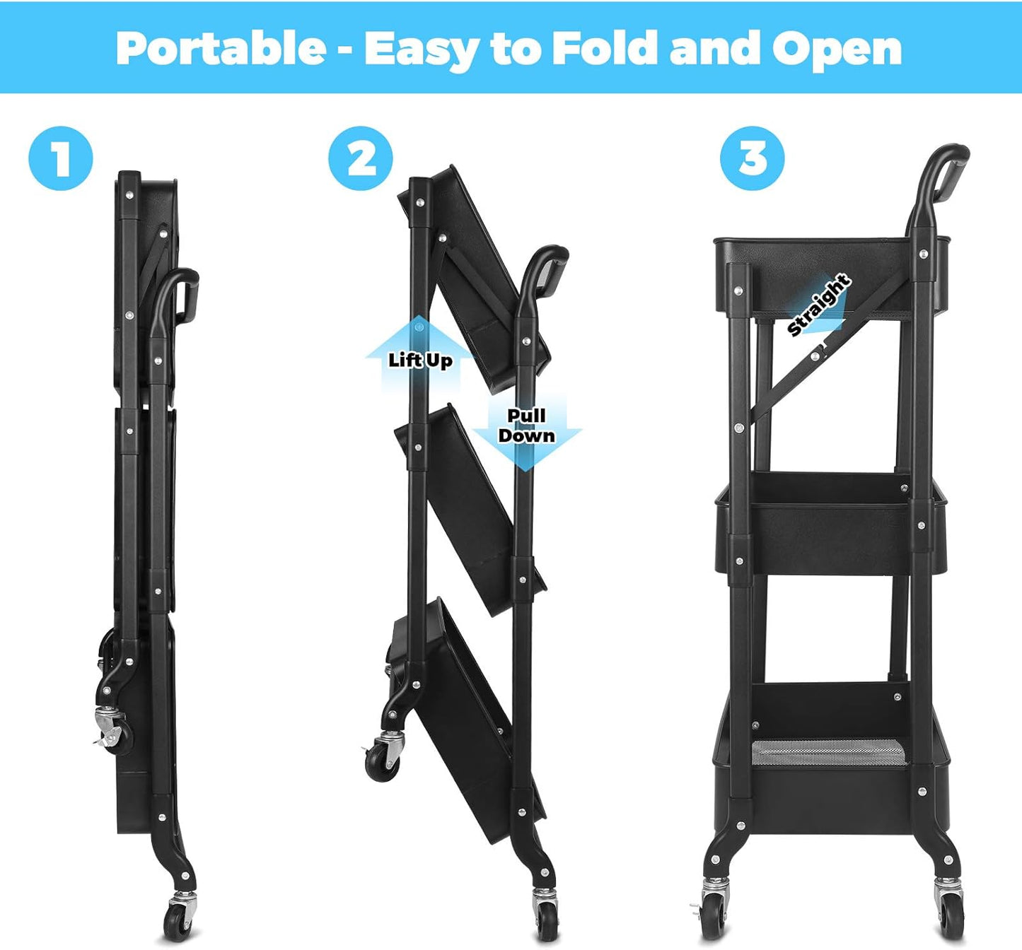 Foldable 3 Tier Metal Utility Rolling Cart, Folding Mobile Multi-Function Storage Trolley Organizer Cart for Home Library Office(Black)