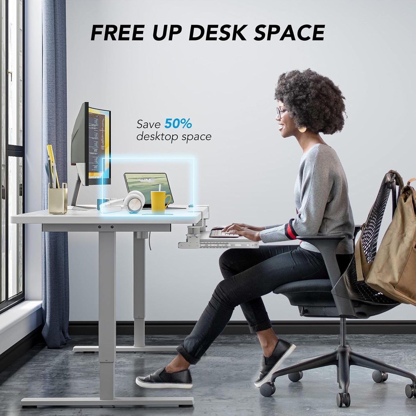 Keyboard Tray Under Desk Pull Out with Extra Sturdy C Clamp Mount System, 27.3 (32.5 inch Including Clamps) x 11 Inch Slide-Out Platform Computer Drawer for Typing White AX01WW01