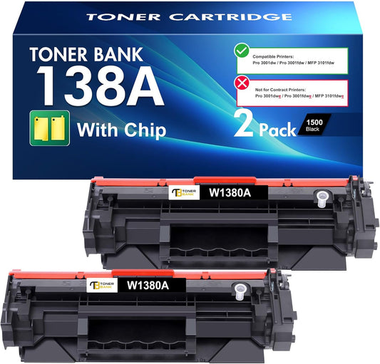 138A Black Toner Cartridges 2 Pack (with Chip) Compatible Replacement for HP 138A 138X W1380A W1380X for HP Pro 3001dw 3001fdw MFP 3101fdw Series Printer Ink