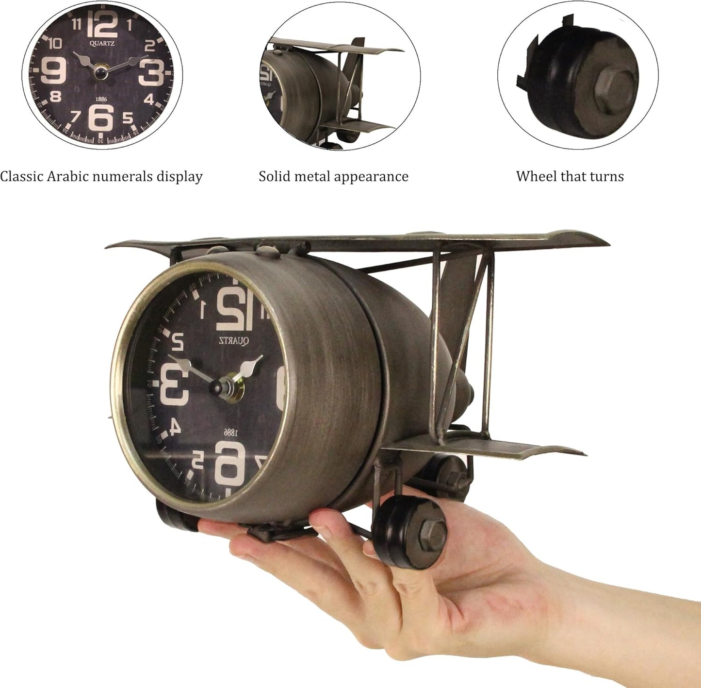 Airplane Metal Tabletop Clock Industrial Home Decor Accents for The Mantel, Shelf, Desk, or Any Table Top, Battery Operated No Battery Supplied
