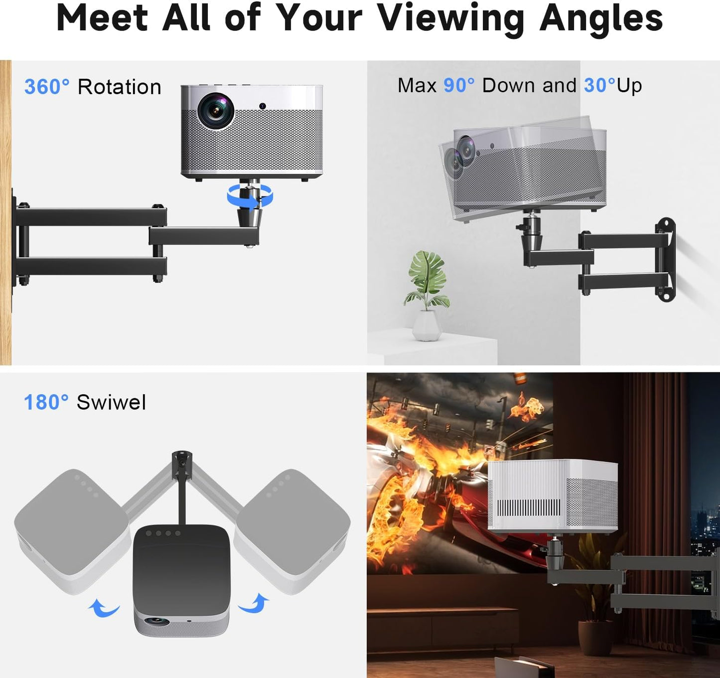 suptek Universal Foldable Projector Wall Mount - Adjustable Bracket for Projectors, Compatible with 1/4", M4 & M6 Screws, Heavy-Duty & Space-Saving Design, Black, MA1330YT