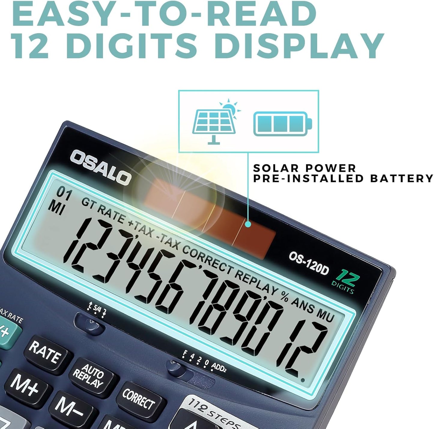 OSALO 12 Digits Desktop Calculator Extra Large LCD Display with VAT Tax Big Button, Dual Solar Power and Battery, Basic Calculator for Office, Home, School (DJ-120D Deep Blue)