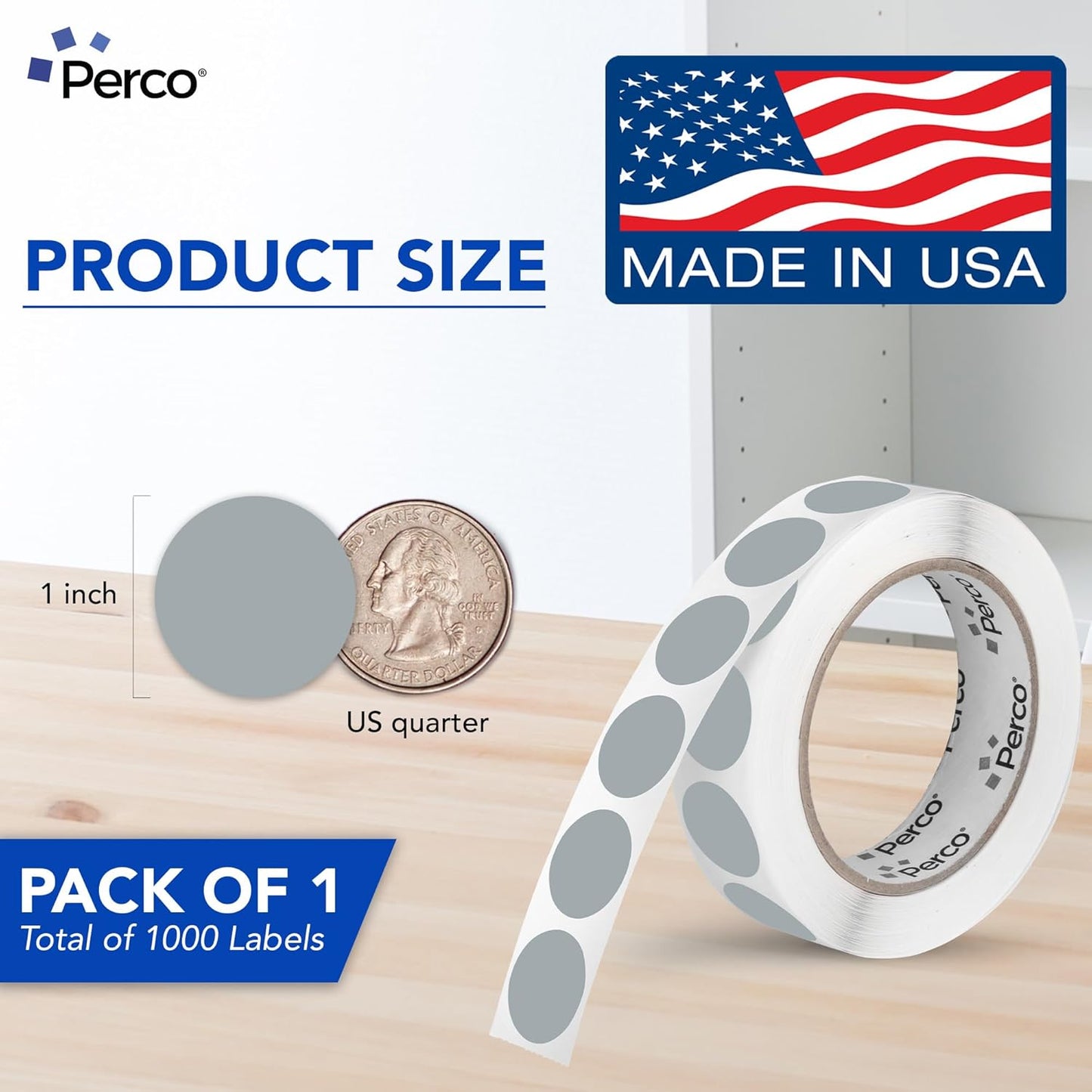 Perco Grey 1-Inch Round Circle Dot Sticker Labels with Easy Peel Perforation - 1,000 Labels per Roll - Strong Adhesion, Vibrant Colors for Organizing, Crafting & More - Made in USA