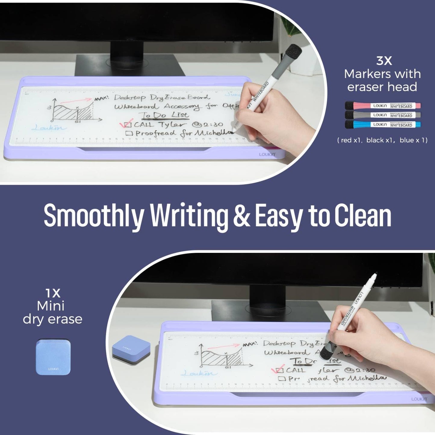 LOUKIN Glass Desktop Whiteboard, 15.3" x 5.6" Dry Erase Desk Board with Dotted and Graduated Surface, Desktop Buddy, Great for Design and Drawing, 3 Markers and 1 Dry Erase Eraser Included (Purple)