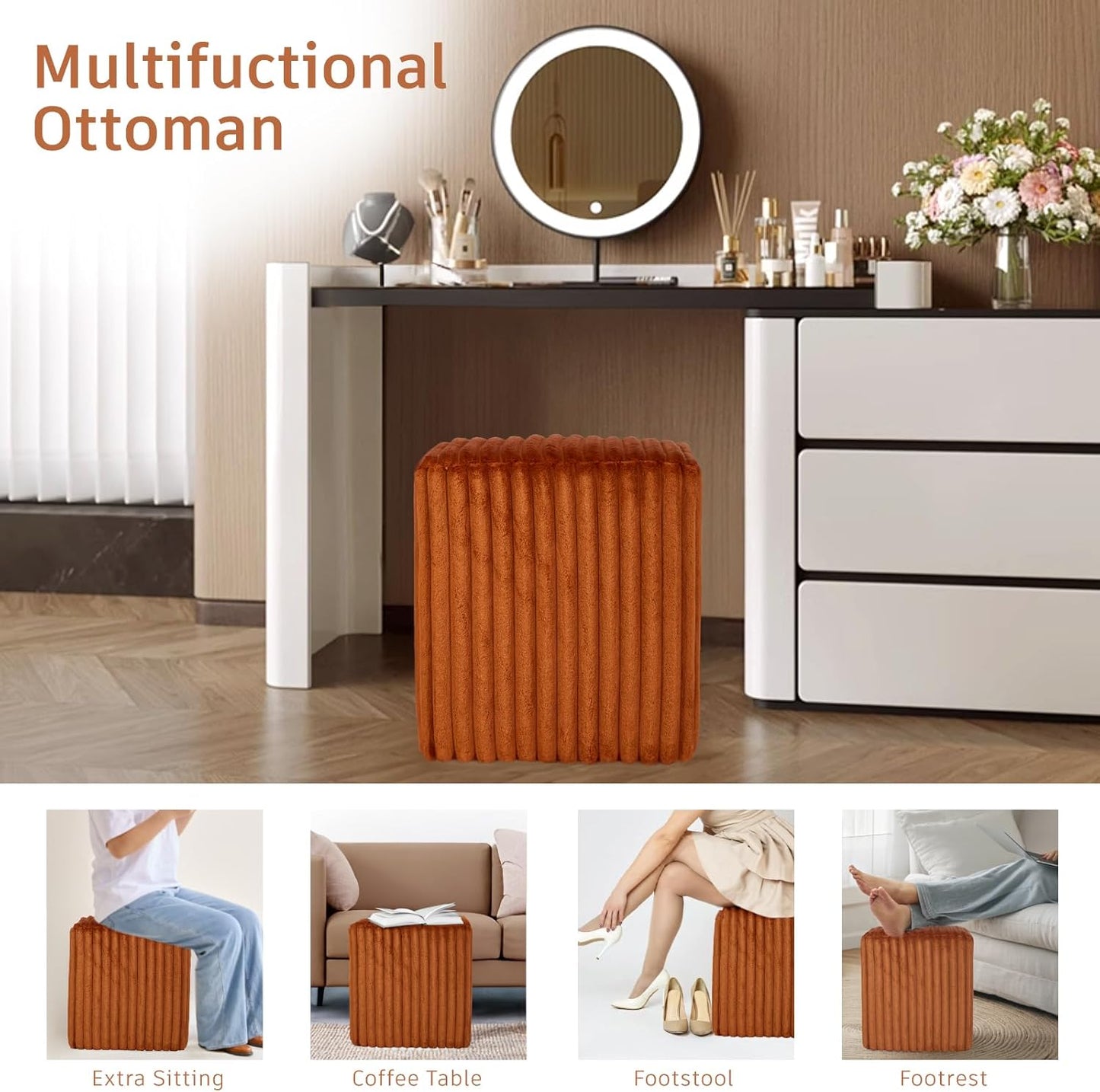 Modern Square Ottoman, Vertical Channel Tufted Foot Stool Ottoman, Velvet Upholstered Vanity Stool for Makeup, Bedroom, Living Room, Dark Orange