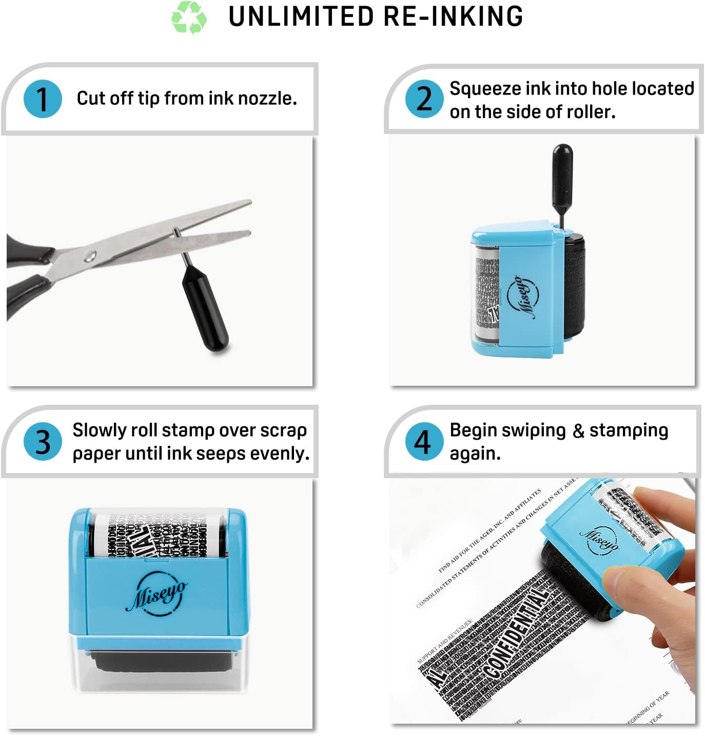 Miseyo Identity Theft Protection Roller Stamp Set - Blue (6 Refill Ink Incleded)