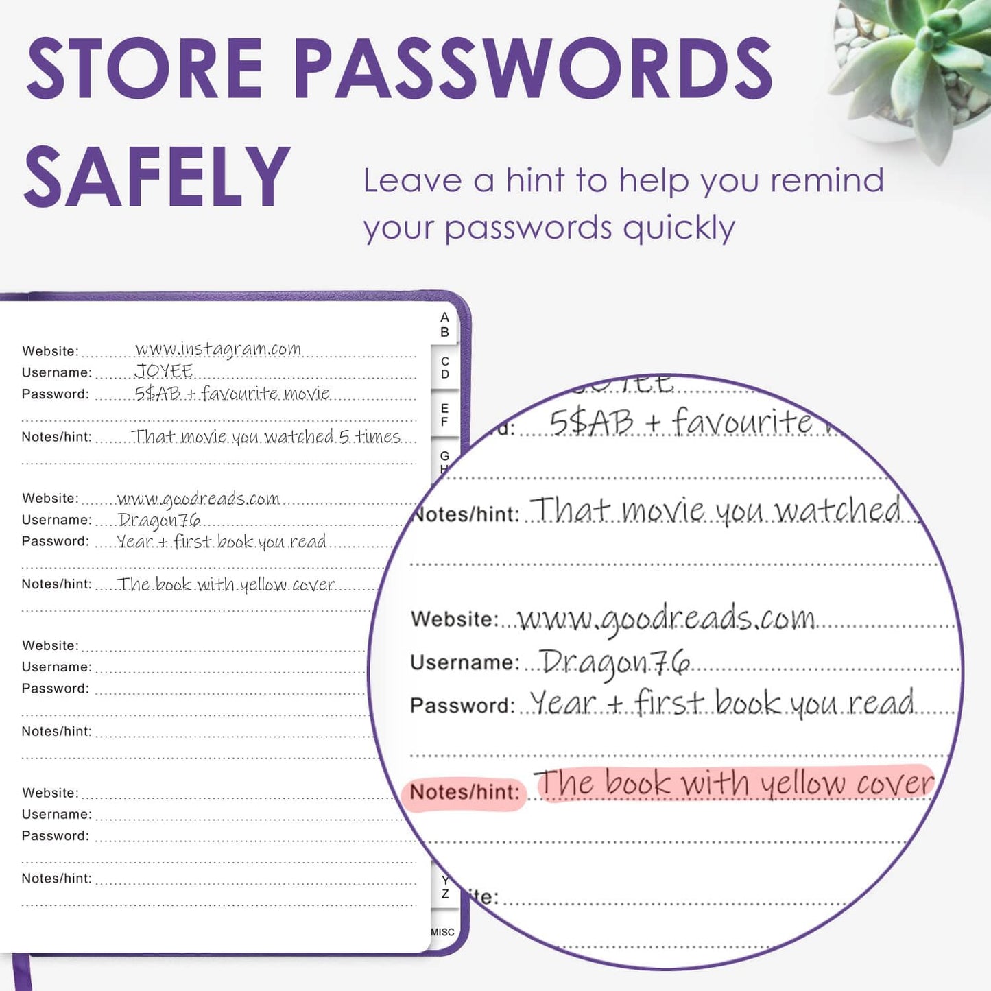 Elegant Password Book with Alphabetical Tabs - Hardcover Password Book for Internet Website Address Login - 7" x 10" Password Keeper and Organizer w/Notes Section & Back Pocket (Violet Purple)