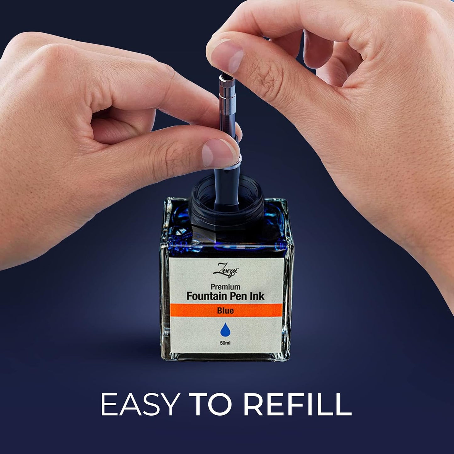 ZenZoi Fountain Pen Ink Bottle - Blue 50ml Bottle - Quick Drying, Smooth Writing, Rich Color - Glass Bottle - Ink for Fountain Pen Bottle (Blue)