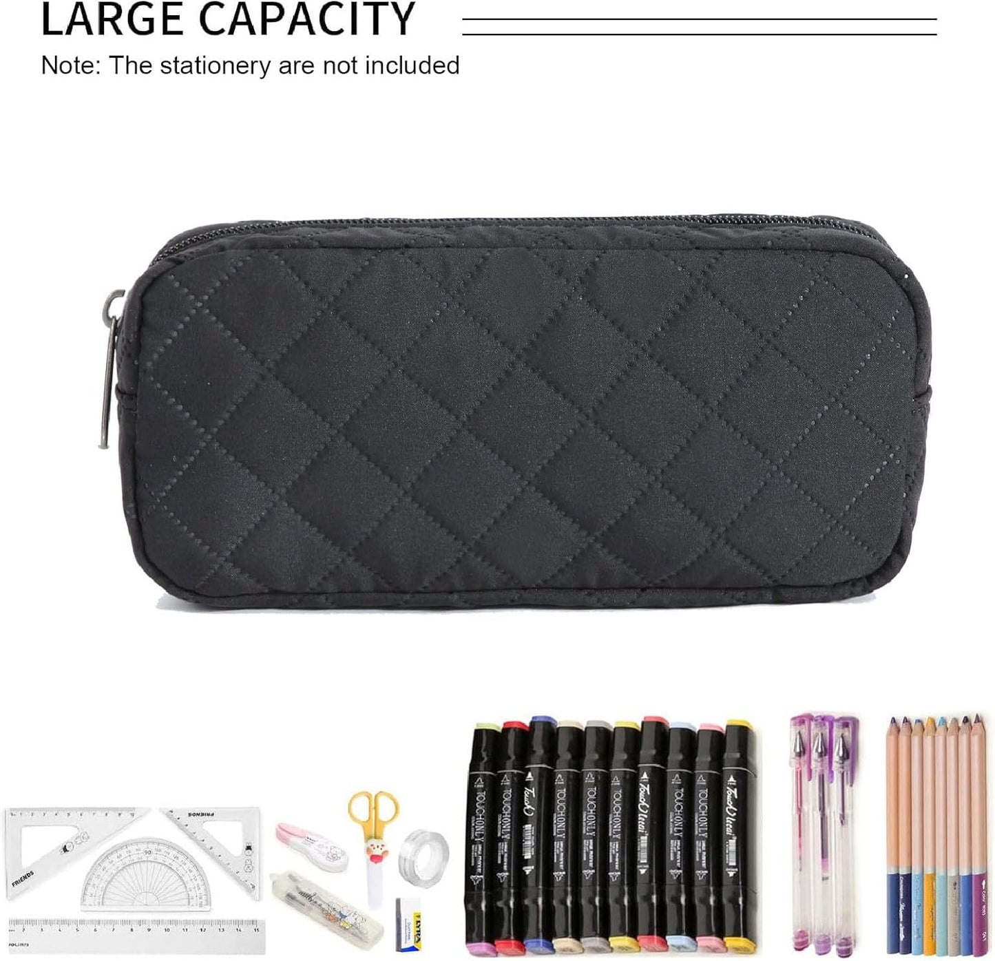 Della Gao Small Pencil Case Large Capacity Pencil Pouch Marker Pen Bag Coin Pouch Office Stationery Organizer (Black sewing)
