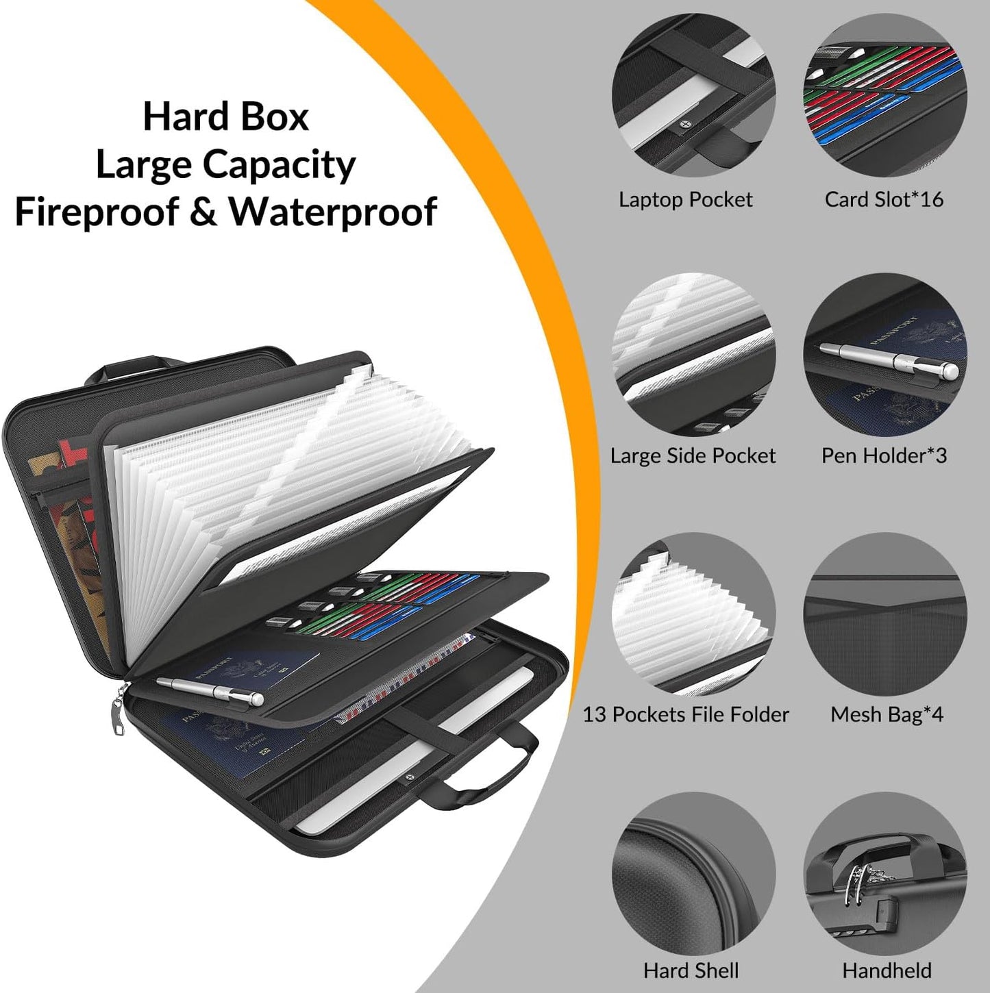 Hard Case Fireproof Document Box, Important File Organizer with Lock Waterproof Zipper, Portable Home Office Travel Storage Accordion Folder for Letter A4 Laptop Files