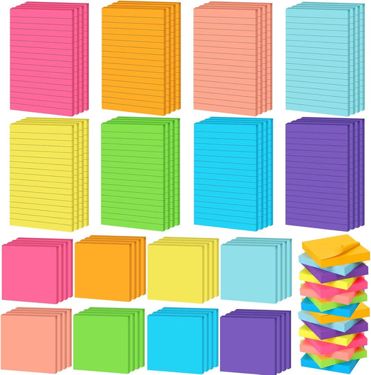 Yexiya 64 Pcs Lined Sticky Notes Self Stick Notes with Lines Bright Assorted Colors Sticky Pad for Home Office Products Post Memos, 1920 Sheets(4 x 6 Inch, 3 x 3 Inch,Stylish Color)