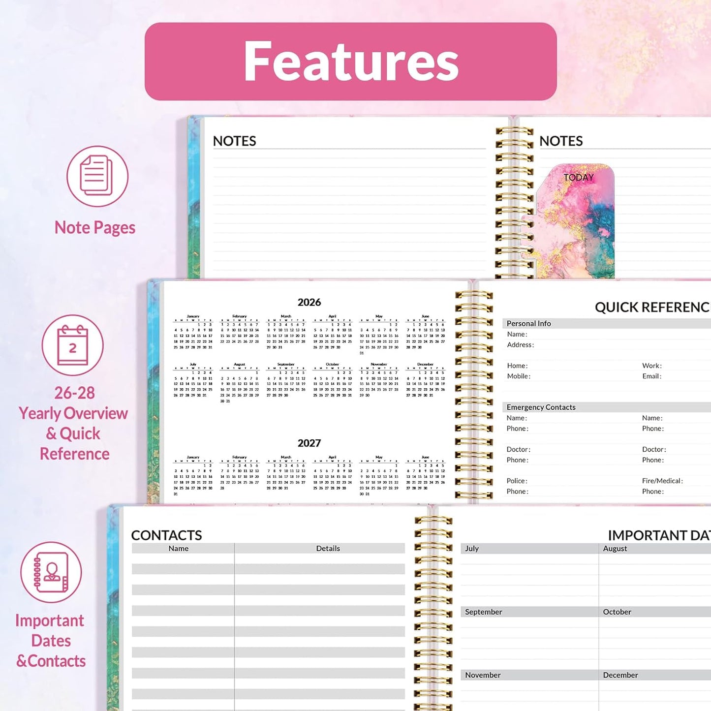 SUNEE 2026 Weekly and Monthly Planner - from January 2025 - December 2025, 6.4" x 8.3" Daily Agenda Planner with Monthly Tab, Flexible Cover, Note Pages, Pockets, Bookmark, Spiral Binding, Marble