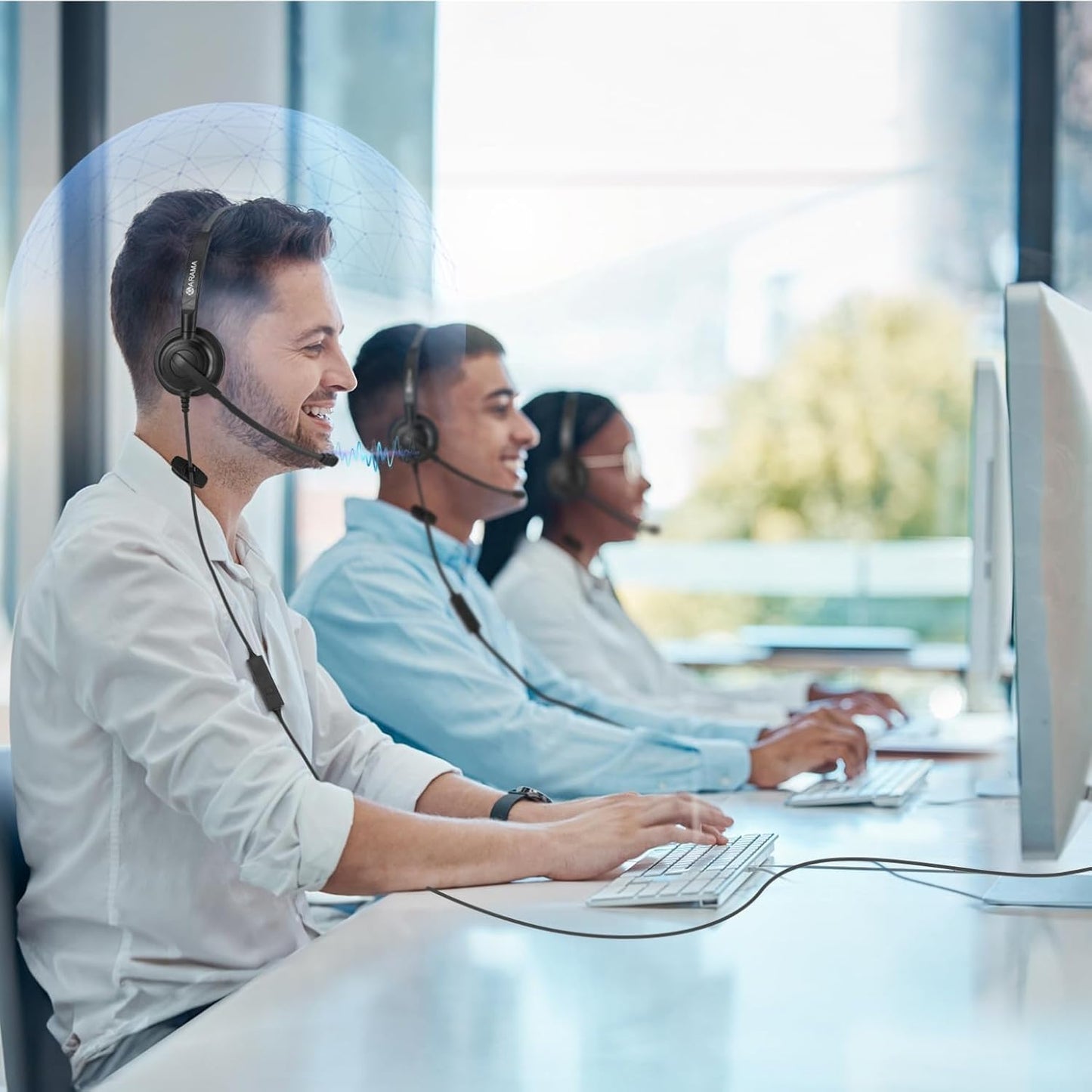 Arama USB Headset with Microphone for PC One Ear, Headset with Mic, Noise Cancelling Volume Control, 63.6 Inches, Wired, for Home Office Call Center Online Class Skype Zoom (with a Type C Adapter)