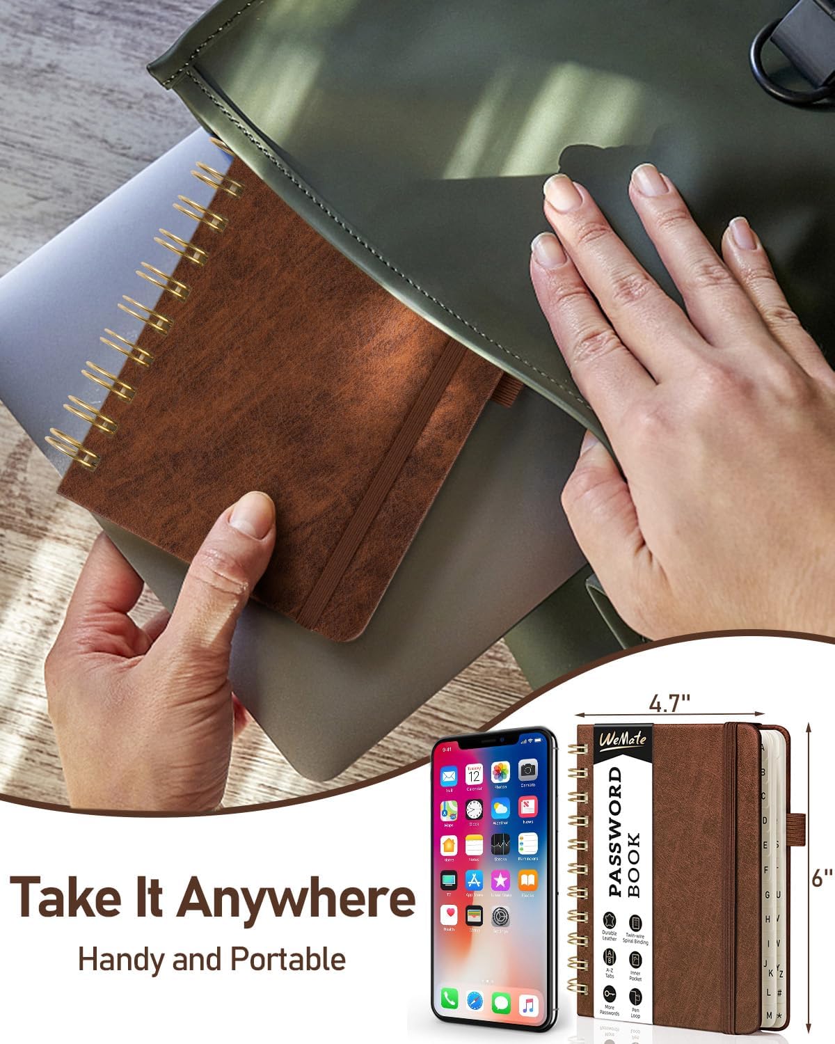 WEMATE Password Book with Alphabetical Tabs, Spiral Password Keeper Book for Seniors, Internet Password Notebook Password Journal Logbook Log in Detail, Small – 4.7''x 6'' (Brown)