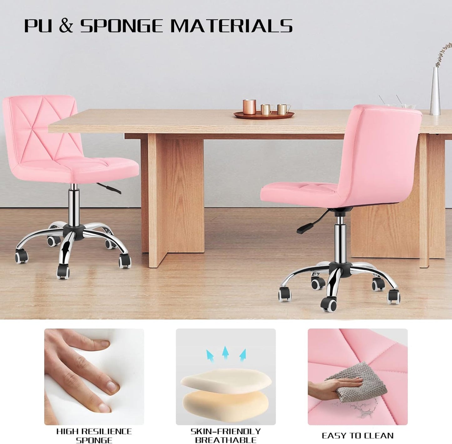 COSVALVE Armless Desk Chair, Mid Back Swivel Office Chair, Adjustable Task Chair with Rolling Wheels and Diamond Pattern, for Home Computer Barber, Pink