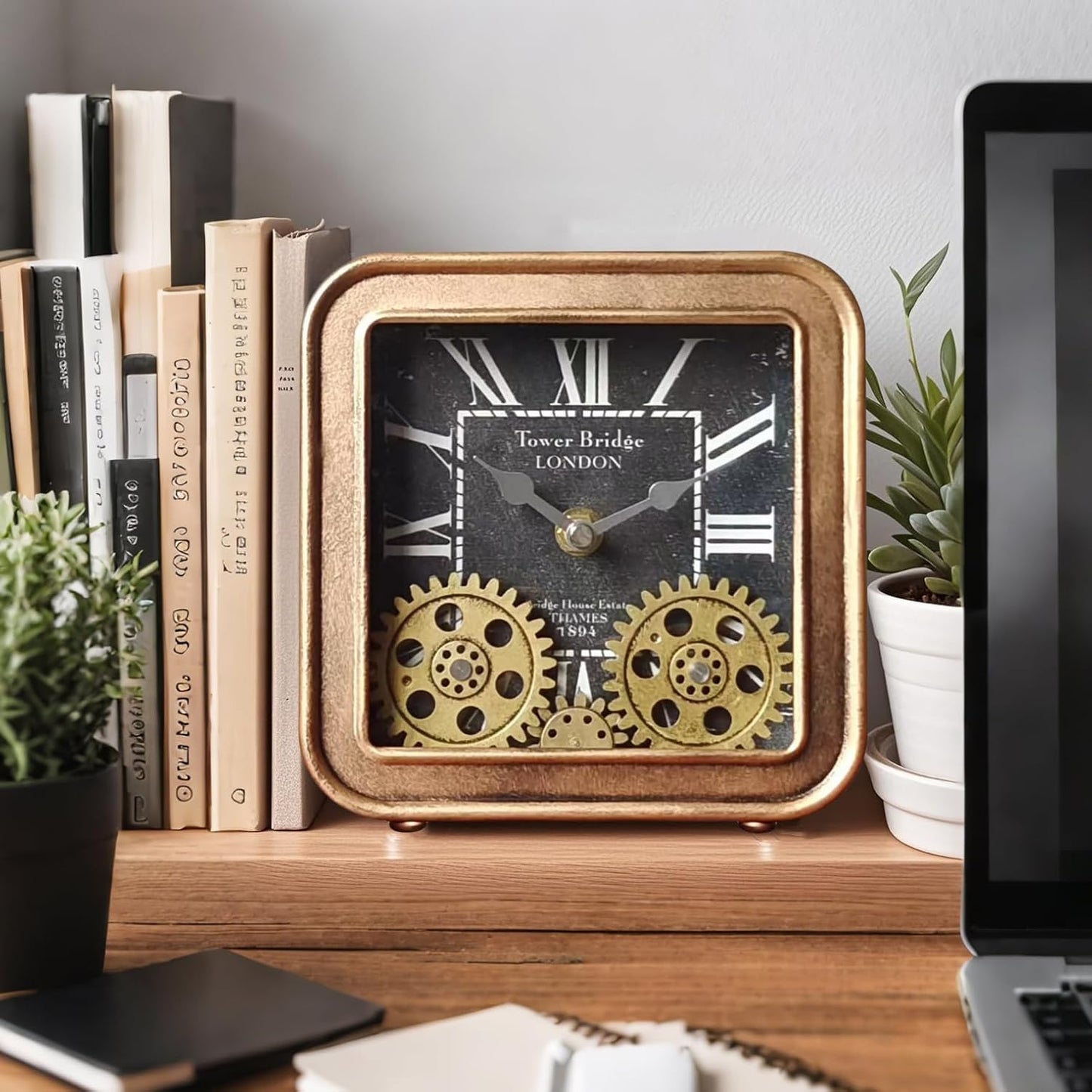 Desk Clock Vintage Metal Table Clocks with Moving Gears, Silent Retro Industrial Steampunk Quartz Small 6 inch End Table Clock for Home Office Living Room Decor Battery Operated (Gold)