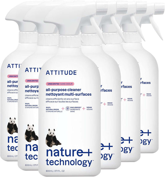 ATTITUDE All Purpose Cleaner Spray, EWG Verified, Vegan, Made with 94% Plant-Based Ingredients, Streak-Free for Kitchen, Bathroom, Glass & More, Unscented, 27.1 Fl Oz (Pack of 6)
