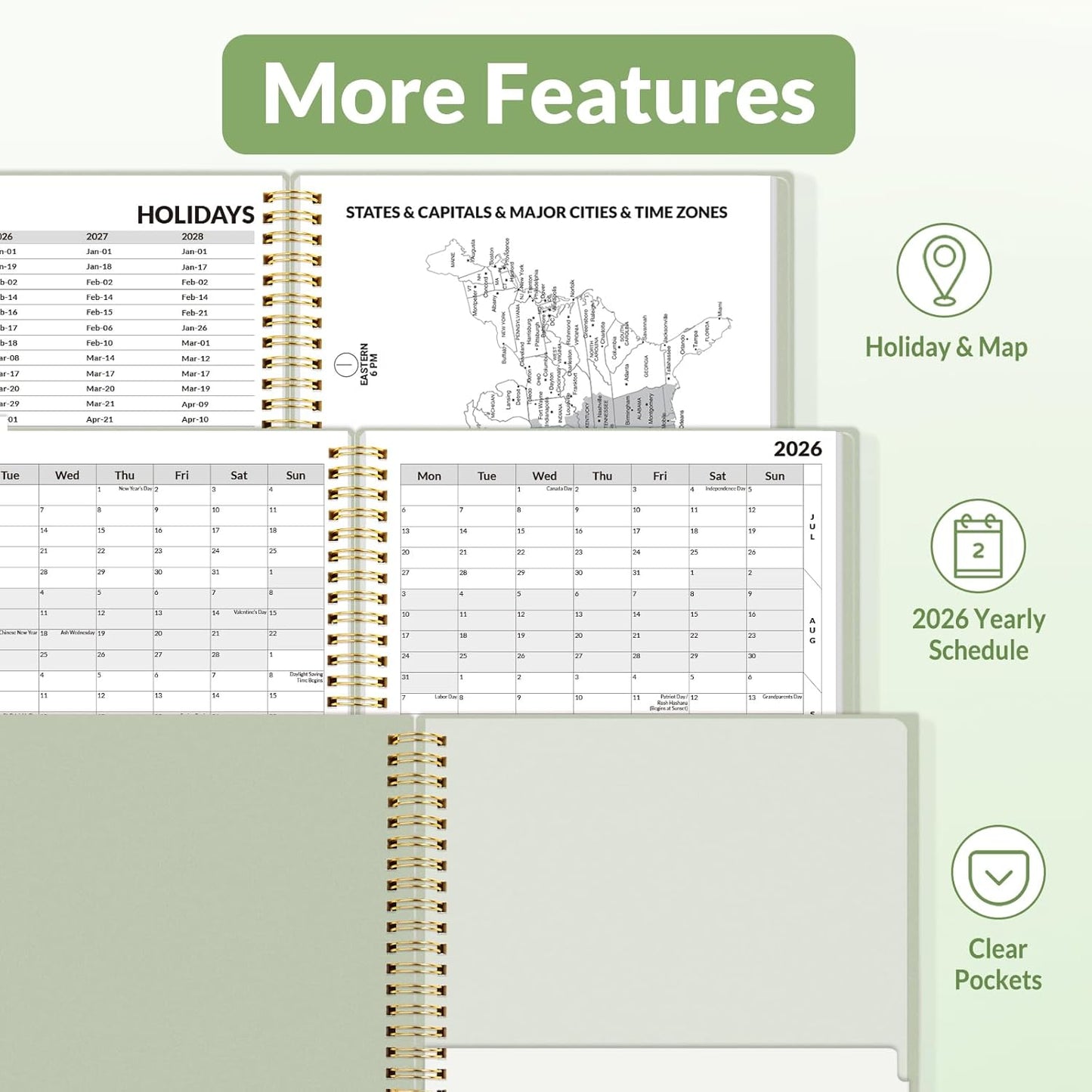 SUNEE 2026 Weekly and Monthly Planner - from January 2026 - December 2026, 8.5"x11" Daily Agenda Planner with Monthly Tab, Flexible Cover, Note Pages, Pockets, Bookmark, Spiral Binding, Sage Green