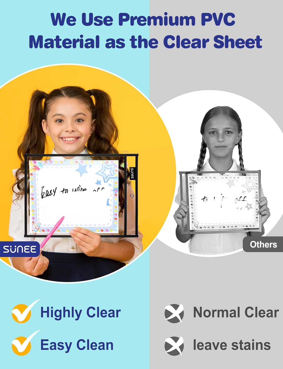 SUNEE 30 Packs Oversized Reusable Dry Erase Pocket Sleeves with 2 Rings, Black 10x14 Ticket Holders, Clear Plastic Sheet Protectors, Teacher School Classroom Supplies