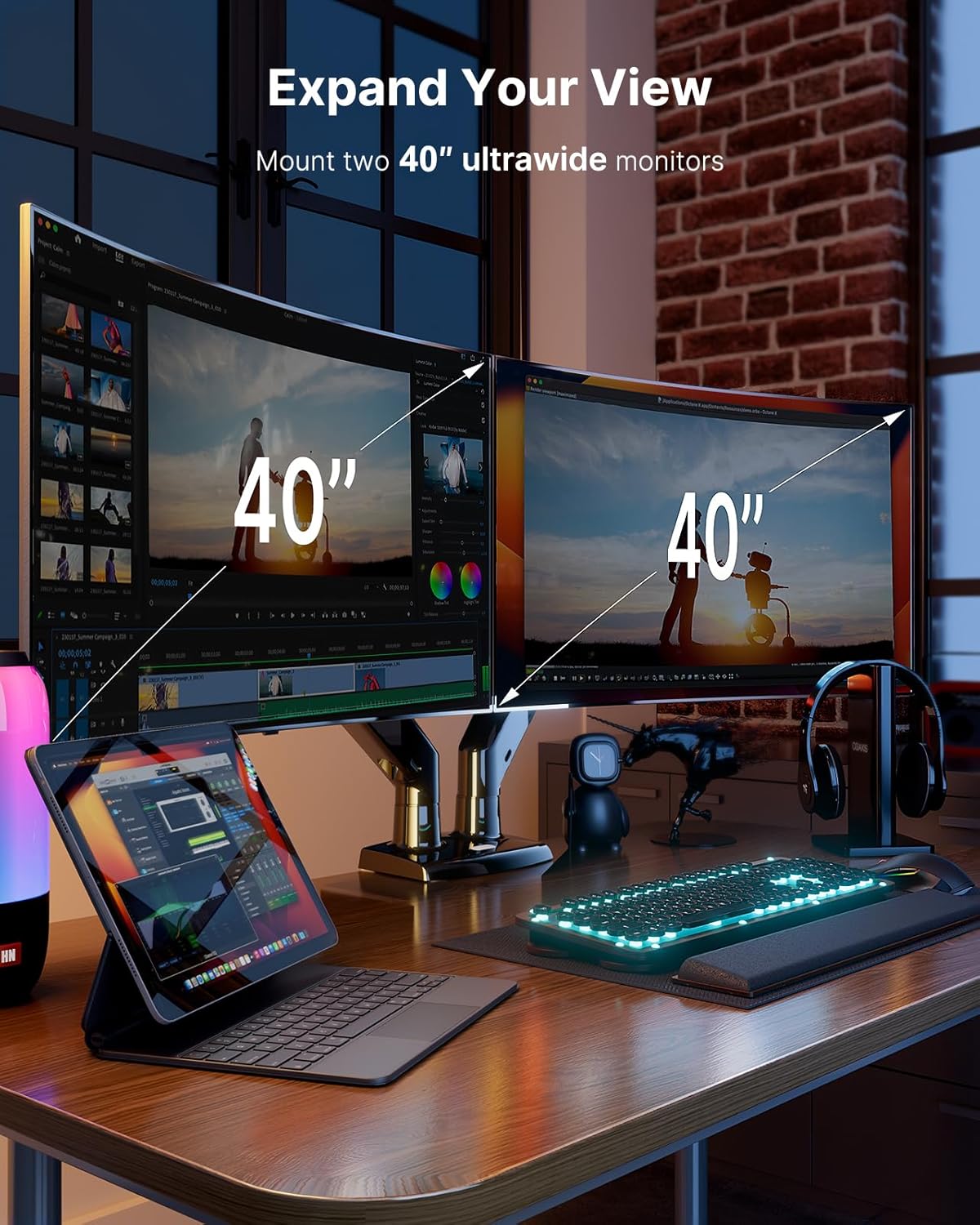 HUANUO Dual Monitor Stand for 13 to 40 inch, Premium Dual Monitor Mount with USB, Height Adjustable Monitor Stand for 2 Monitors, VESA Mount with Clamp/Grommet Base, Each Arm Hold up to 26.4lbs, HNDS7