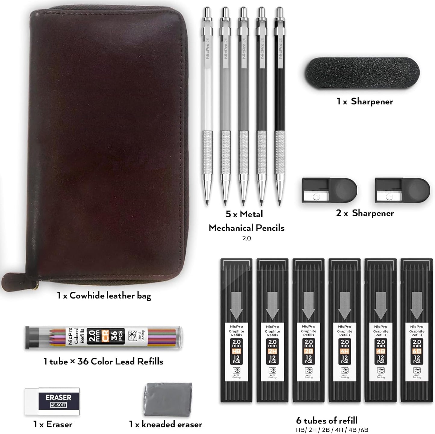 Nicpro 17PCS Metal 2mm Mechanical Pencil Set in Leather Case, 5 PCS 2.0 mm Lead Pencil Holders (4B 2B HB 2H 4H) 6 Tube Black Colored Lead Refills, Erasers, Sharpener For Art Drafting Sketching Drawing